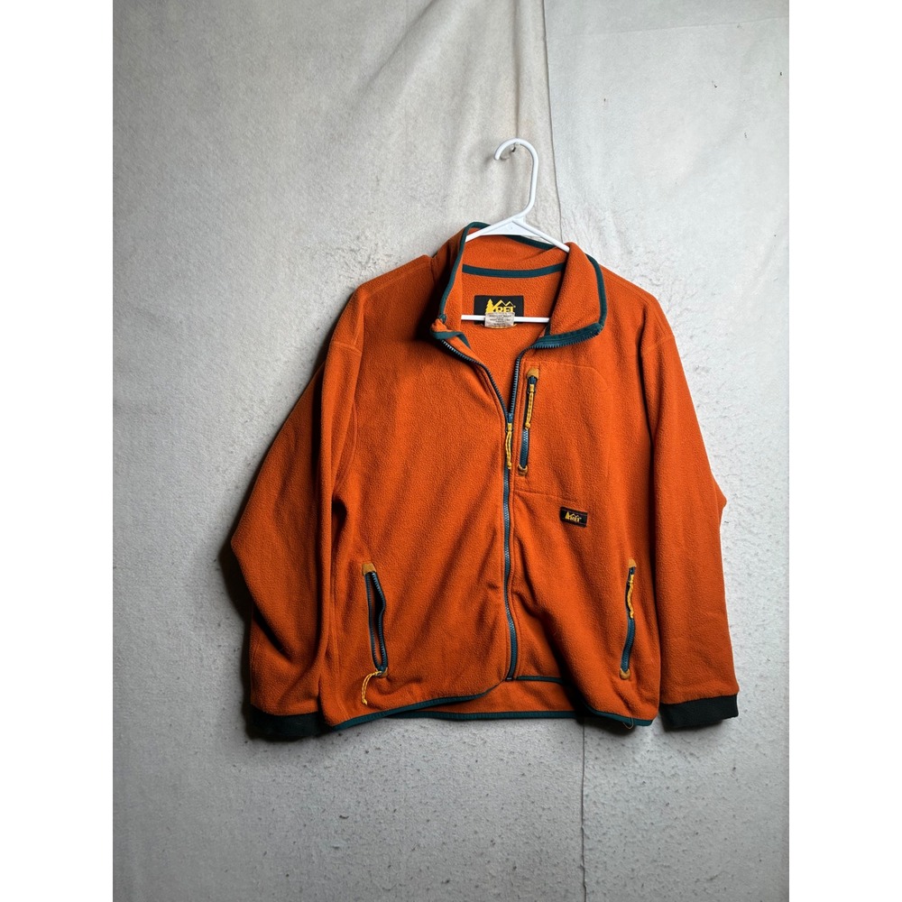REI Vintage Fleece Jacket Womens Medium Burnt Orange Full Zip Teal Trim 8732